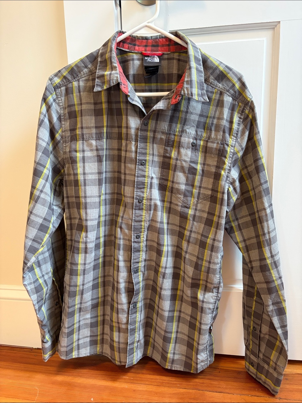 The North Face Gray Plaid Snap-Up Shirt with Yellow Stripes